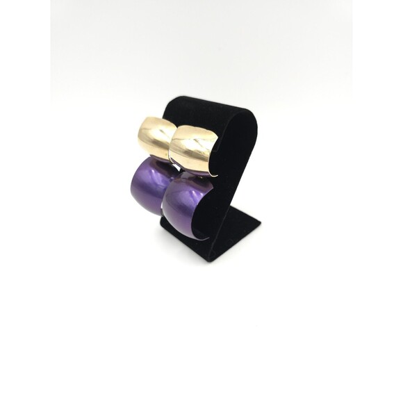 Vintage Large Metal Dangle Purple Gold Statement Earrings 80s 2.5" - Picture 1 of 7